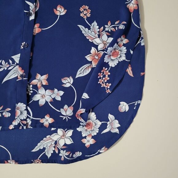 Como Vintage Women's Navy Floral Long Button-Down Polyester Blouse - Picture 9 of 14
